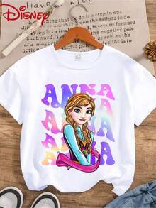 Disney Frozen Anna Women T Shirt Casual Black Short Sleeve Crew Neck Top Featuring Gradient Name Print - 黑色 - 查看 7