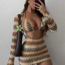 dahkjdgajy Swim  Set de 3 piezas Conjunto de bikini y pareo sexy y colorido con diseño de rayas huecas para mujer, para primavera/verano - Multicolor - Ver 1