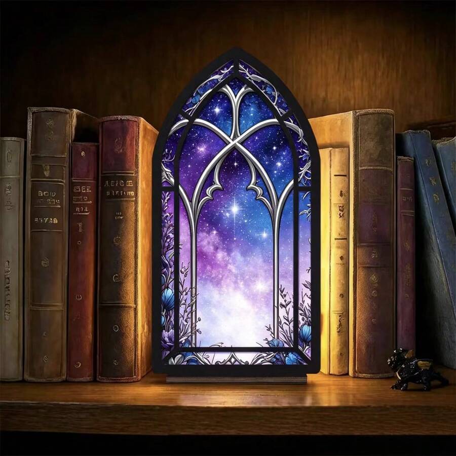 Gothic Floral Stained Glass Acrylic Bookend, 2D Flat Cathedral Window Book Organizer, Vintage Art Nouveau Botanical Desktop Decor, Non-Slip Book Holder For Home Office Library, Aesthetic Gift For Book Lovers - 1PC - View 1