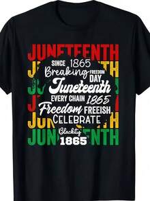1 pieza de camiseta negra con estampado del Día de la Libertad para hombre, estilo Juneteenth, camiseta unisex casual de cuello redondo, ropa de hombre de talla grande 5XL, tela de punto lig - Negro - Ver 1