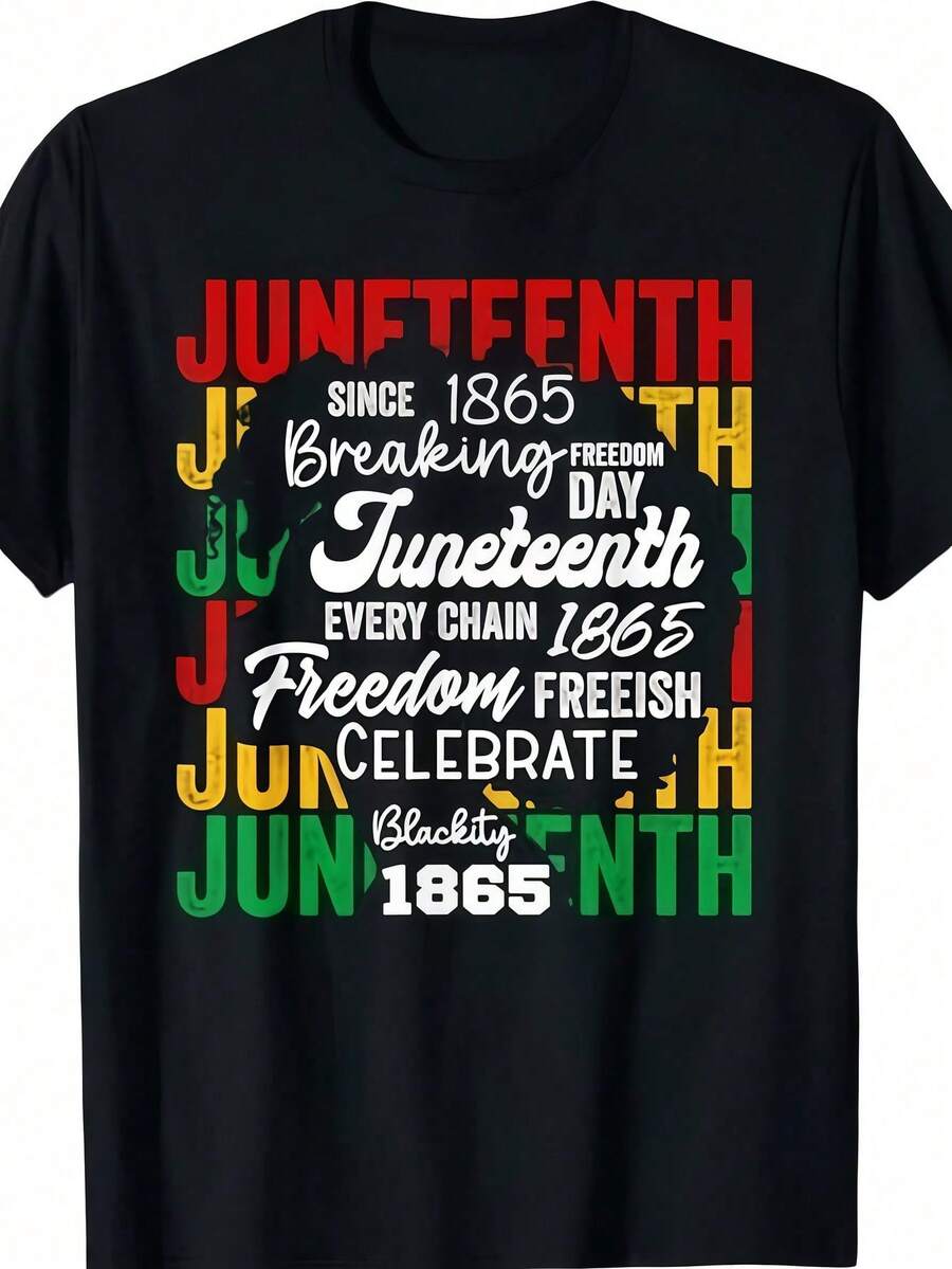 1 pieza de camiseta negra con estampado del Día de la Libertad para hombre, estilo Juneteenth, camiseta unisex casual de cuello redondo, ropa de hombre de talla grande 5XL, tela de punto lig - Negro - Ver 1