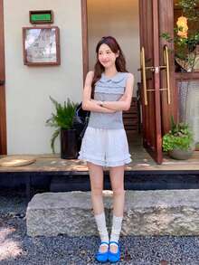 Girly Korean Style Summer Tank Top For Women - Peter Pan Collar Ruffle Trim Sleeveless Casual Top - Grey - View 6