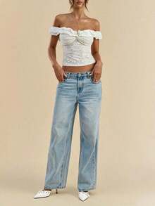 Top corto de encaje con hombros descubiertos para mujer, blusa ajustada con frente con nudo y volante - Blanco - Ver 6