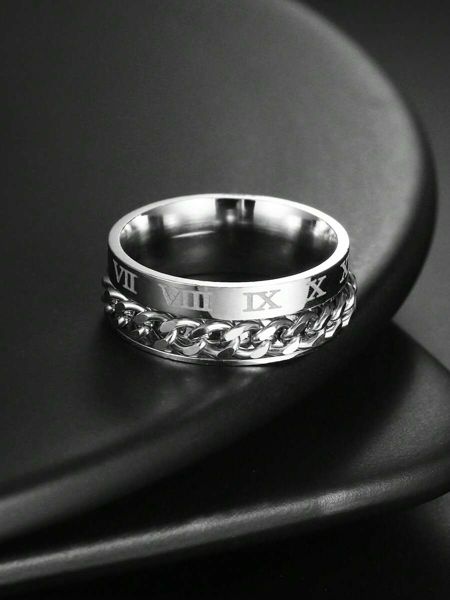 1pc Fashion Stainless Steel Roman Numeral Chain Rotating Ring For Men - Roman Numerals - View 1