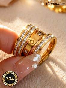 Camhanno 3pcs Elegant Exquisite Stainless Steel 18K Gold Plated Rings, Long-Term Wear Remains Shiny And New - Gold - View 2