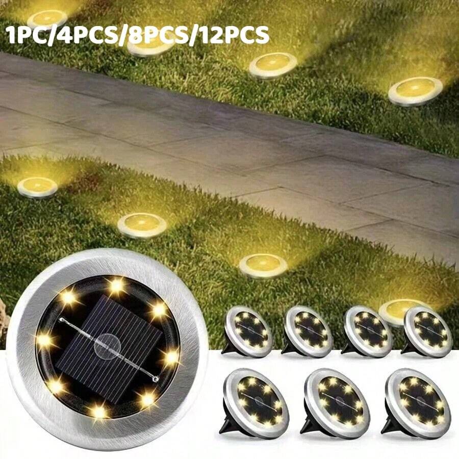 1/4/8/12个迷你太阳能8LED地埋灯，户外不锈钢太阳能地埋灯，太阳能路径灯，适用于庭院、花园、走道、车道，太阳能景观照明，太阳能供电，无需外部电源，适合户外使用