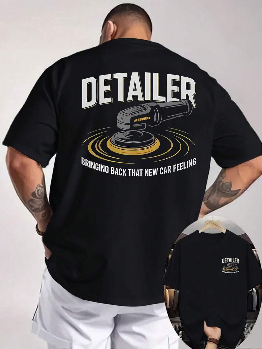 Men T Shirt,Printed On Both Sides"DETAILER Car Detailing"Words,Contains Car Maintenance Elements,Loose Design,Suitable For Modified Car Enthusiasts. - 黑色 - 查看 1