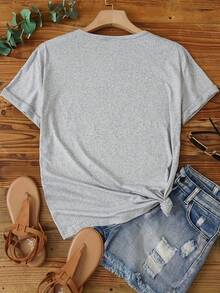 Camiseta de mujer de cuello redondo con estampado gráfico de conejita enfermera de Pascua, mangas cortas casuales, perfecta para una silueta de primavera/verano - Gris - Ver 2