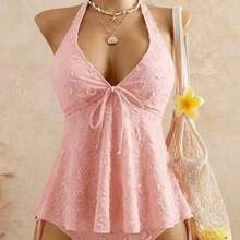 Women's Textured Halter Tankini Set, Two-Piece Swimsuit With Tie-Front Top & High Cut Bottoms - 米白色 - 查看 3