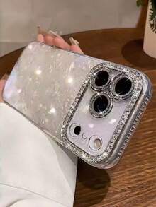 時尚優雅水鑽閃亮水晶愛心雷射貝殼紋手機殼 適用於 iPhone 17 Pro Max 16 15 14 Plus 13 12 Pro 11 Air 柔軟鏡頭保護膜 - 白色 - 查看 7