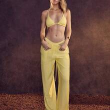 Nana's Women's Clothing Store  Conjunto de bikini triangular de halter liso de verano con falda de playa - Amarillo - Ver 3