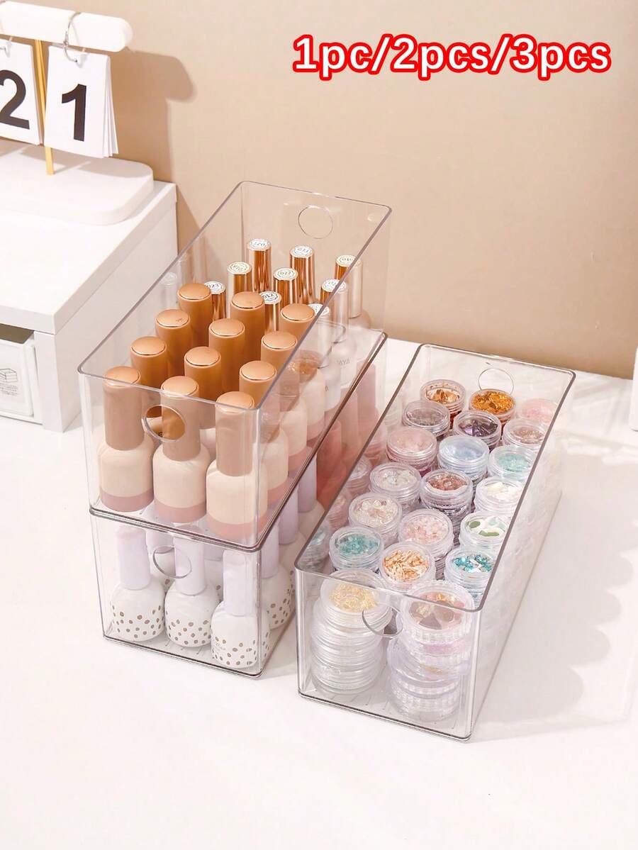 1pc/2pcs/3pcs Large Capacity Transparent Plastic Nail Art Storage Box, High Transparency Material Stackable Space-Saving, Categorized Storage For Nail Polish, Rhinestones And Tools, Suitable For Vanity And Nail Art Studio, Home Desktop Organizer, Specialized Storage Container For Nail Art Enthusiasts