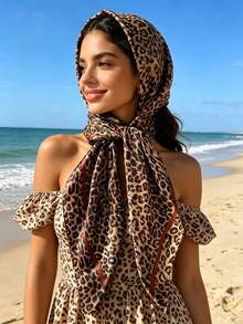 1pc Women's Fashion Leopard Print 90cm Square Scarf, Multifunctional Headscarf, Suitable For All Seasons Outfit Matching - Coffee Brown - View 5