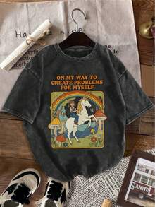 Casual Short-Sleeved Crew Neck T-Shirt With Print, Washed, For Everyday Wear, "On  To Get Myself Into Trouble" - 黑色 - 查看 1
