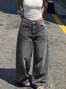 Jeans anchos de ajuste holgado y casual para mujer, versátiles para el uso diario y el estilo callejero en primavera - Gris Oscuro - Ver 2