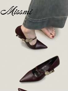 3.5cm Heel French Retro Elegant Pointed Toe Kitten Heel Sandals For Women, New Summer Commuting & Evening Wear, Elegant, Party - Burgundy - View 7
