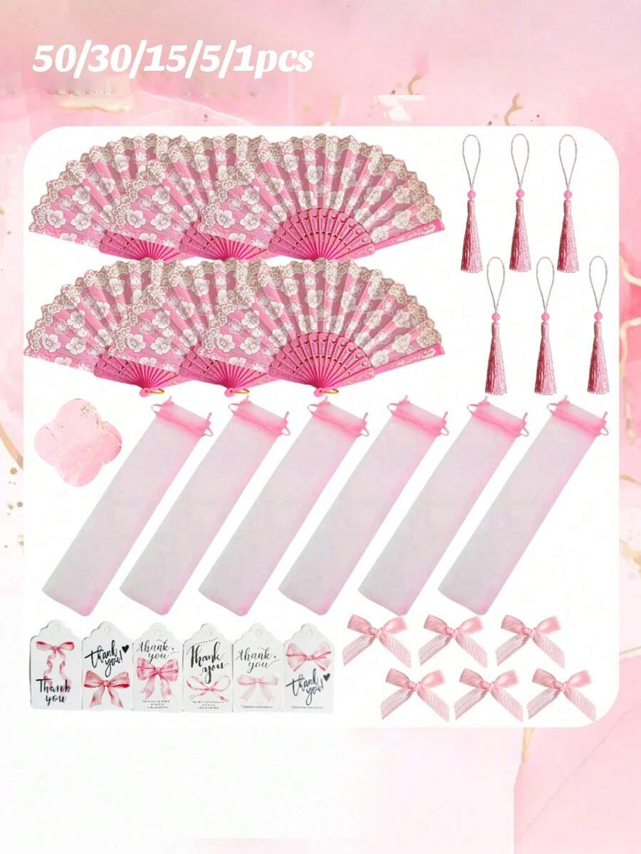 50/30/15/5/1件創意獨家派對禮品組,派對禮物組,印花手持摺疊扇與感謝卡和紗袋,優雅美觀的小禮物,便攜,適合成人儀式、婚禮、生日、節日派對 - 多色 - 查看 1