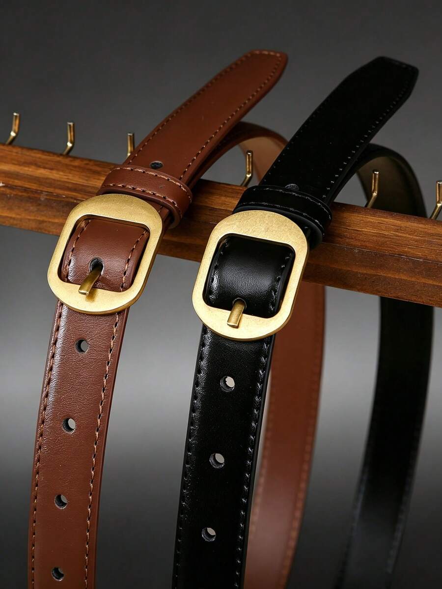 1 pieza/2 piezas Cinturón de mujer con hebilla vintage, cinturón de cuero PU de unicolor casual de moda para mujer, adecuado para jeans y faldas, todas las estaciones - Hebilla cuadrada pequeña de estilo retro - Ver 1
