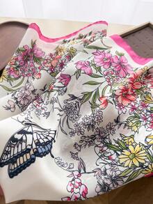 1 pieza Pañuelo vintage con estampado floral de mariposa, chal fino de protección solar, pañuelo para la cabeza de mujer, pañuelo cuadrado de seda sintética, pañuelo para bolso, envoltura para la cabeza, cinta para bolso - Rosa Fucsia - Ver 3