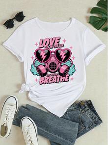 Women's Pure Cotton Short Sleeve T-Shirt Graphic Print Love Theme Gas Mask Pattern Casual  Daily Top - White - View 4