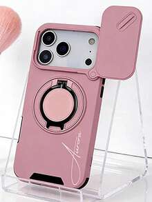 個性化刻名豪華磁吸環形支架手機殼,附滑動式相機蓋,適用於 iPhone 17 Pro Max 17 Pro 17 16 15 14 13 12 11 Pro Max 16 15 Plus,隱私保護、無線充電、防震防摔背蓋 - 粉色 - 查看 3