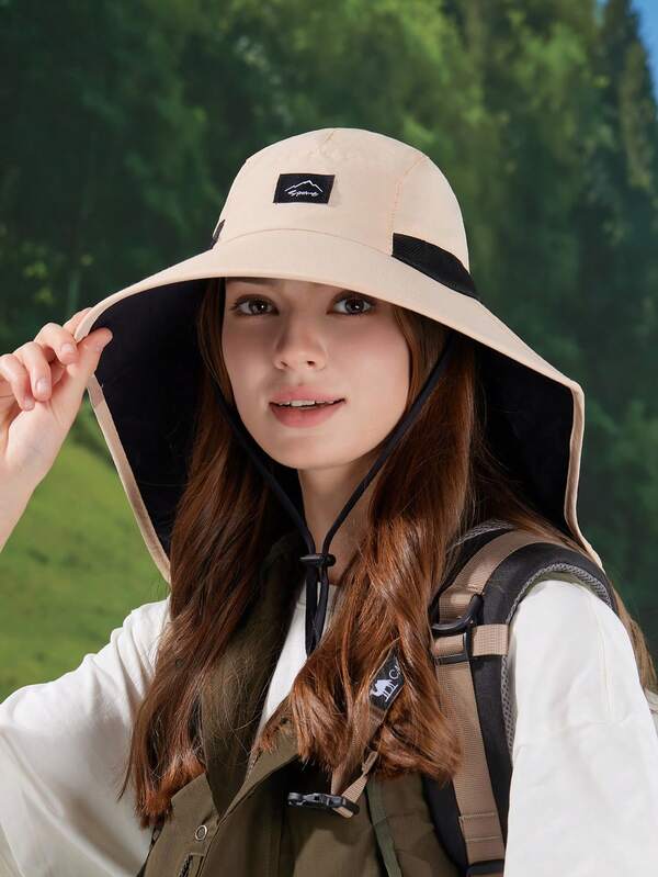 1 buah Topi Matahari Luar Ruangan Musim Semi/Panas Wanita, Topi Ember Penutup Bahu Bertepi Lebar, Gaya Korea Modis dengan Lubang untuk Kuncir Rambut