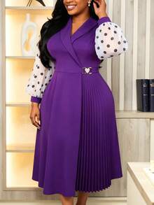 Plus Size Dark Purple Elegant Pleated Midi Dress Women Lapel Collar Polka Dot Sheer Long Sleeves High Waist Elegant Business Church Fall Outfit - Purple - View 6