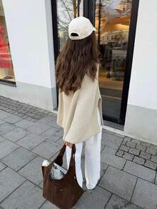 MORI Sweater Wanita Musim Gugur Musim Dingin Y2K Elegan Beige Leher Tinggi Model Mock Neck Lengan Terbuka Belahan Rajut Bergaris Model Cape Sweater Pullover Atasan untuk Pakaian Kembali ke Sekolah - Aprikot Kakao - View 7