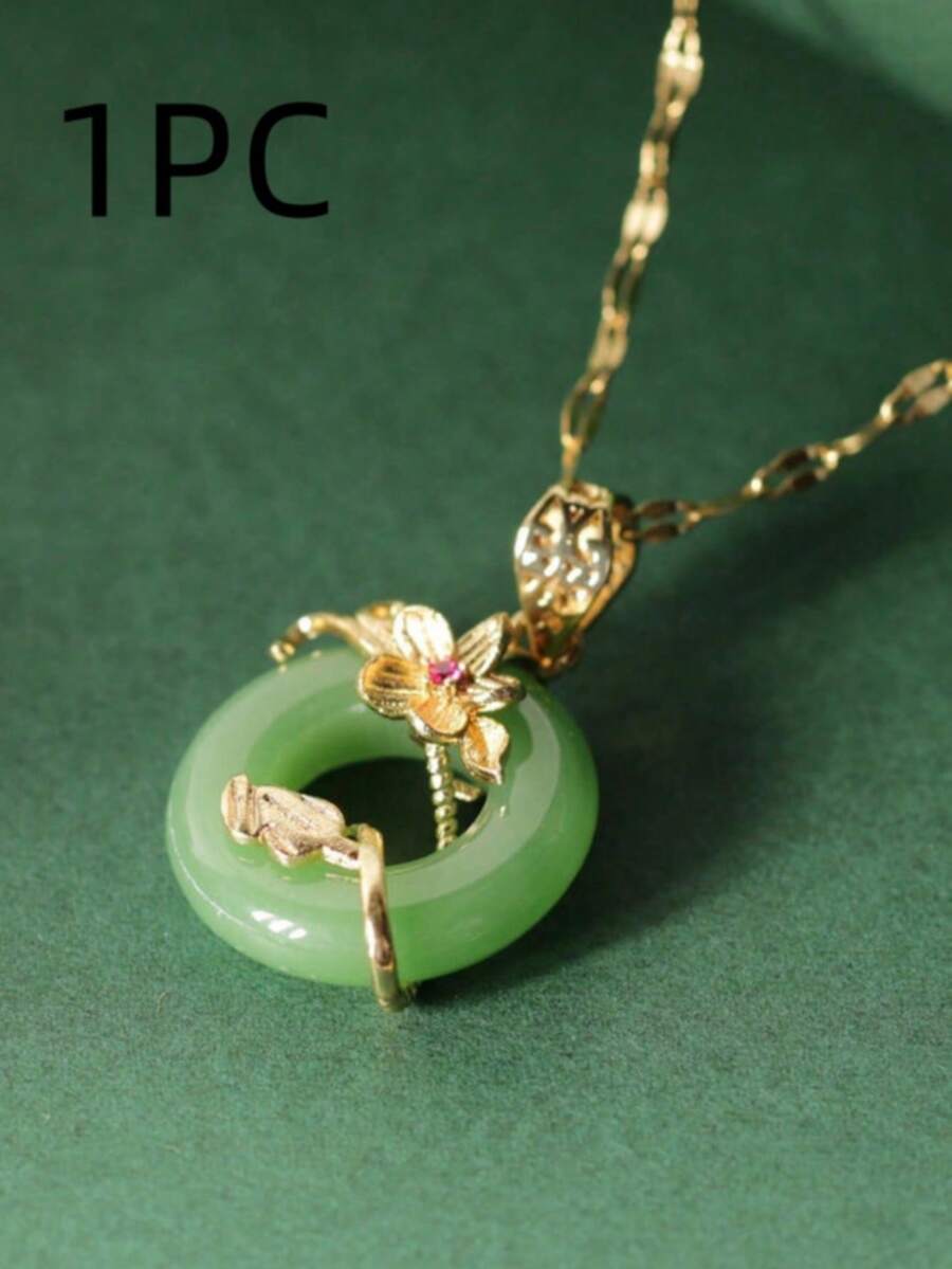 1pc Green Peace Wreath Necklace, Luxury Micro-Pave Green Jade Lotus Leaf Pendant, Suitable For Women, Everyday Wear And Valentine's Day - Silver - View 1