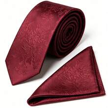 Men's Tie Set, Classic Fashion Tie & Pocket Square Set, Suitable For Weddings, Business And Banquets - Red - View 3