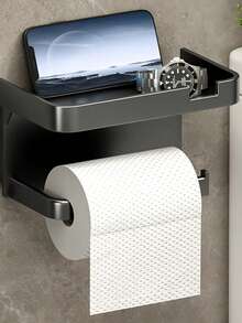 2pcs No-Drill Toilet Paper Holder With Phone Shelf, Wall-Mounted Bathroom Tissue Rack, Multifunctional Storage Shelf - Black - View 4