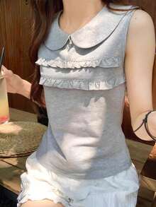 Girly Korean Style Summer Tank Top For Women - Peter Pan Collar Ruffle Trim Sleeveless Casual Top - Grey - View 9