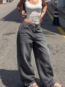 Jeans anchos de ajuste holgado y casual para mujer, versátiles para el uso diario y el estilo callejero en primavera - Gris Oscuro - Ver 4