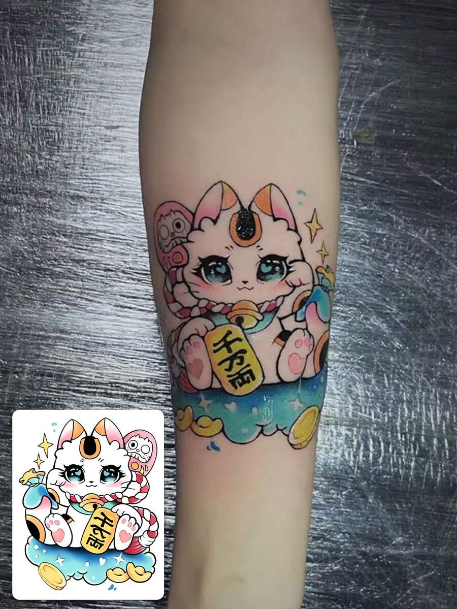 1 Pc Cute Kawaii Maneki-Neko Temporary Tattoo Sticker, Waterproof Long Lasting Fake Tattoo, Colorful Japanese Fortune Cat Body Art For Arms & Forearms - Multicolor - View 1