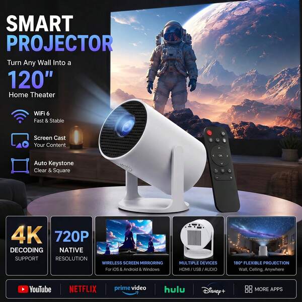 1080P Neue Spezifikation HY300+ Mini Smart Small Screen Player Tragbarer Smart Projektor, unterstützt 2,4/5GHz WLAN, Bildschirmgröße von 50 Zoll bis 100 Zoll, 1080P, integrierter Lautsprecher, Android 13 System, 360° drehbarer Halter, kostenloser USB-Adapter für Outdoor-Anzeige