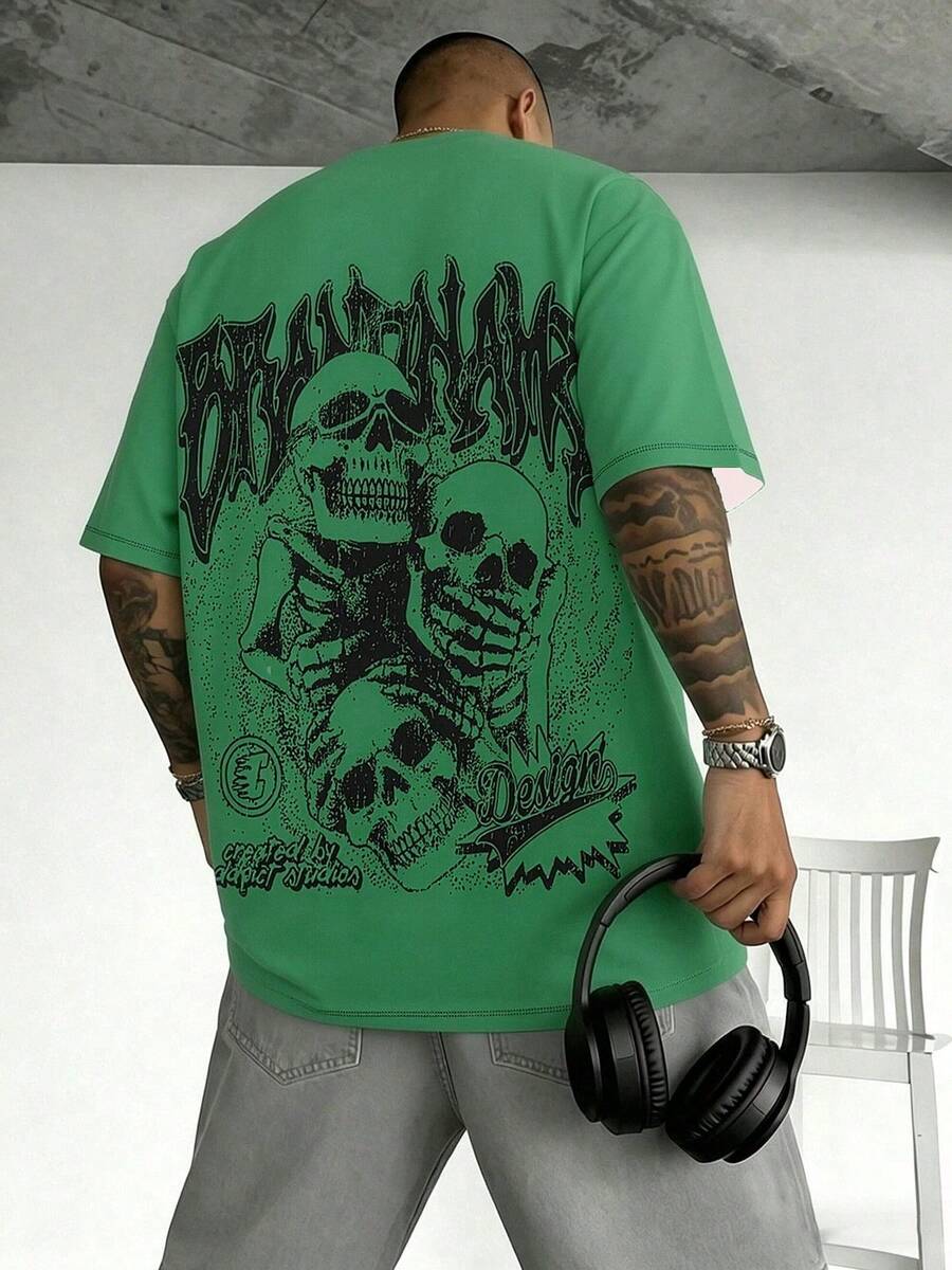 Men's Crew Neck T-Shirt With Graphic Print - Dark Green - View 1