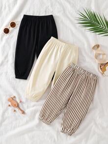 3pcs/Set Baby Boy Autumn Solid Black Apricot Brown Striped Long Pants Children Fashion Versatile Elastic Waist Harem Pants Vintage Simple Casual All-Match Spring Pants - Multicolor - View 1