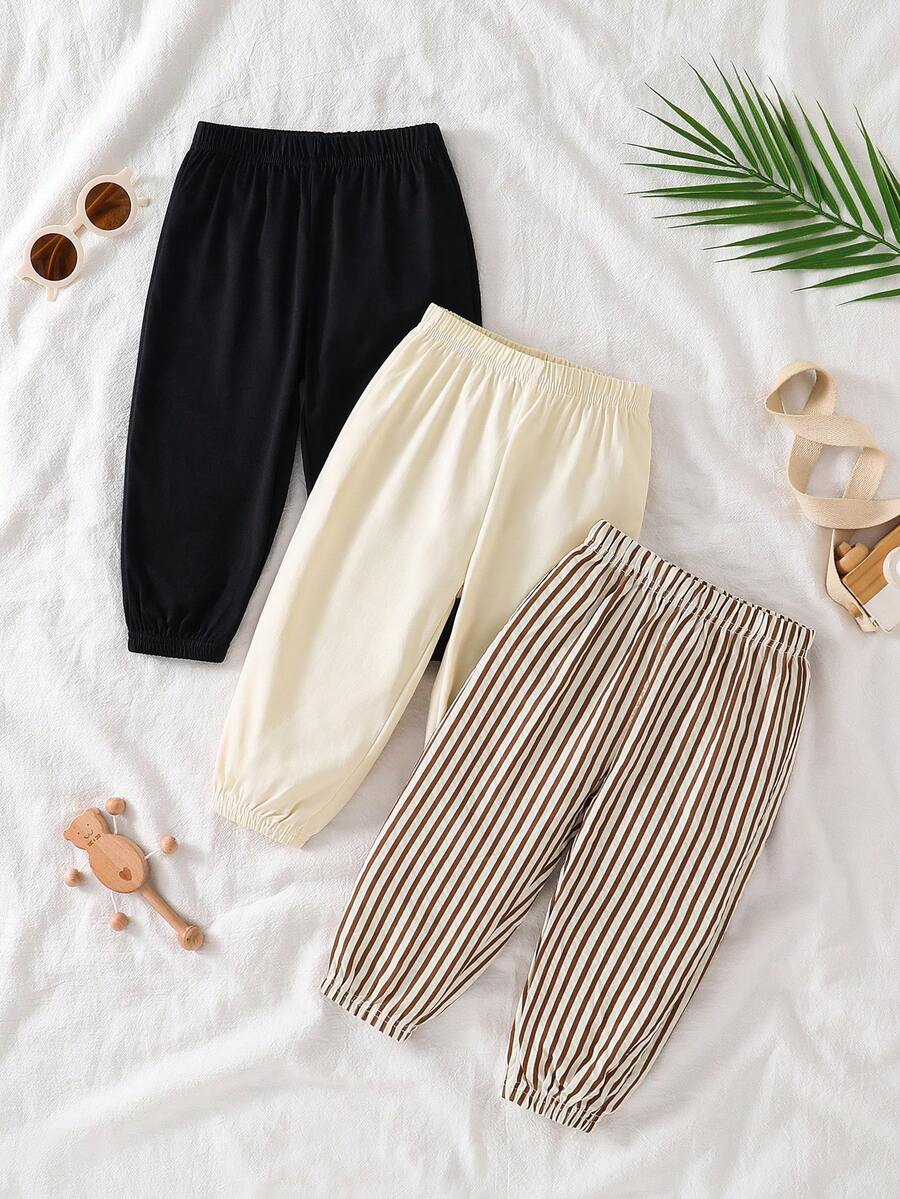 3pcs/Set Baby Boy Autumn Solid Black Apricot Brown Striped Long Pants Children Fashion Versatile Elastic Waist Harem Pants Vintage Simple Casual All-Match Spring Pants - Multicolor - View 1