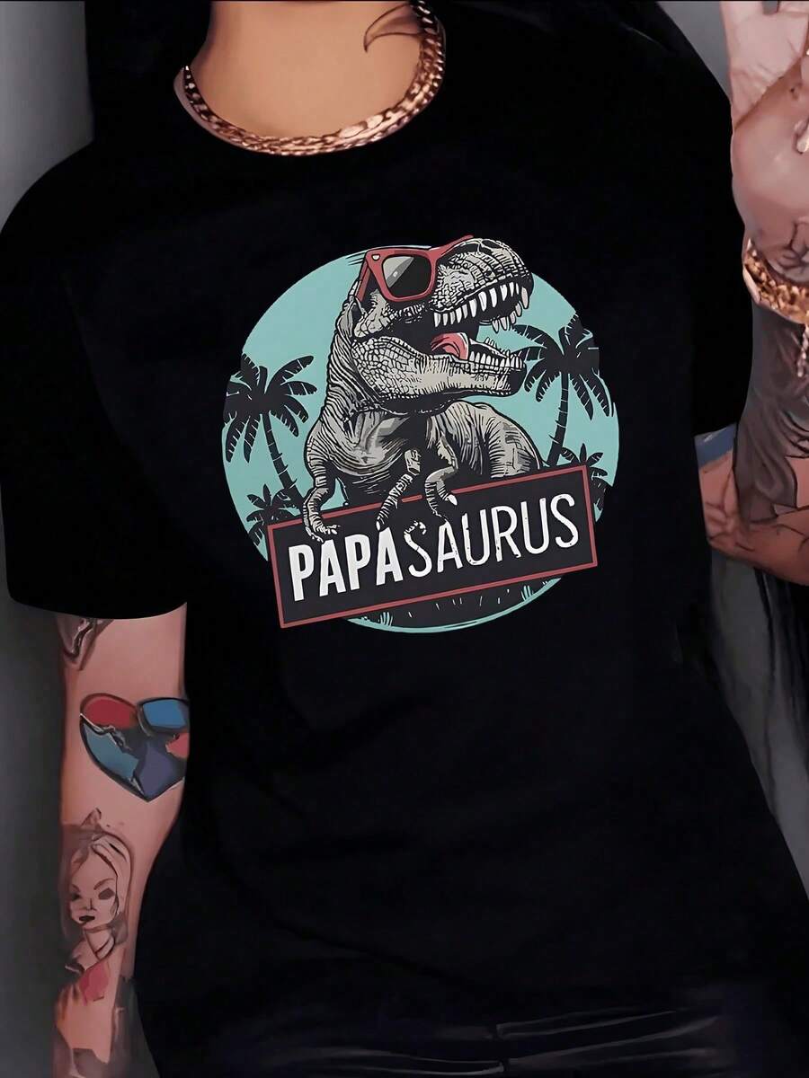 Tyrannosaurus Rex With Red Glasses Showing Pride And Strength Surrounded By Palm Trees, A Symbol Of Family Fun In The Modern Era. Women's T-Shirt, 100% Cotton, Comfortable And Uniquely Stylish. - 黑色 - 查看 1