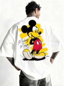 T-Shirt With Disney Mickey Mouse Motif, Classic Summer T-Shirt, Short Sleeve, Made Of Pure Cotton, Men's Casual Wear For Everyday Use, Suitable For Leisure Activities And Street Style. - 白色 - 查看 1
