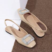 Elegant Apricot Patent Leather Back Strap Flat Shoes, Square Toe Rhinestone Buckle Decor Evening Shoes - Apricot - View 7