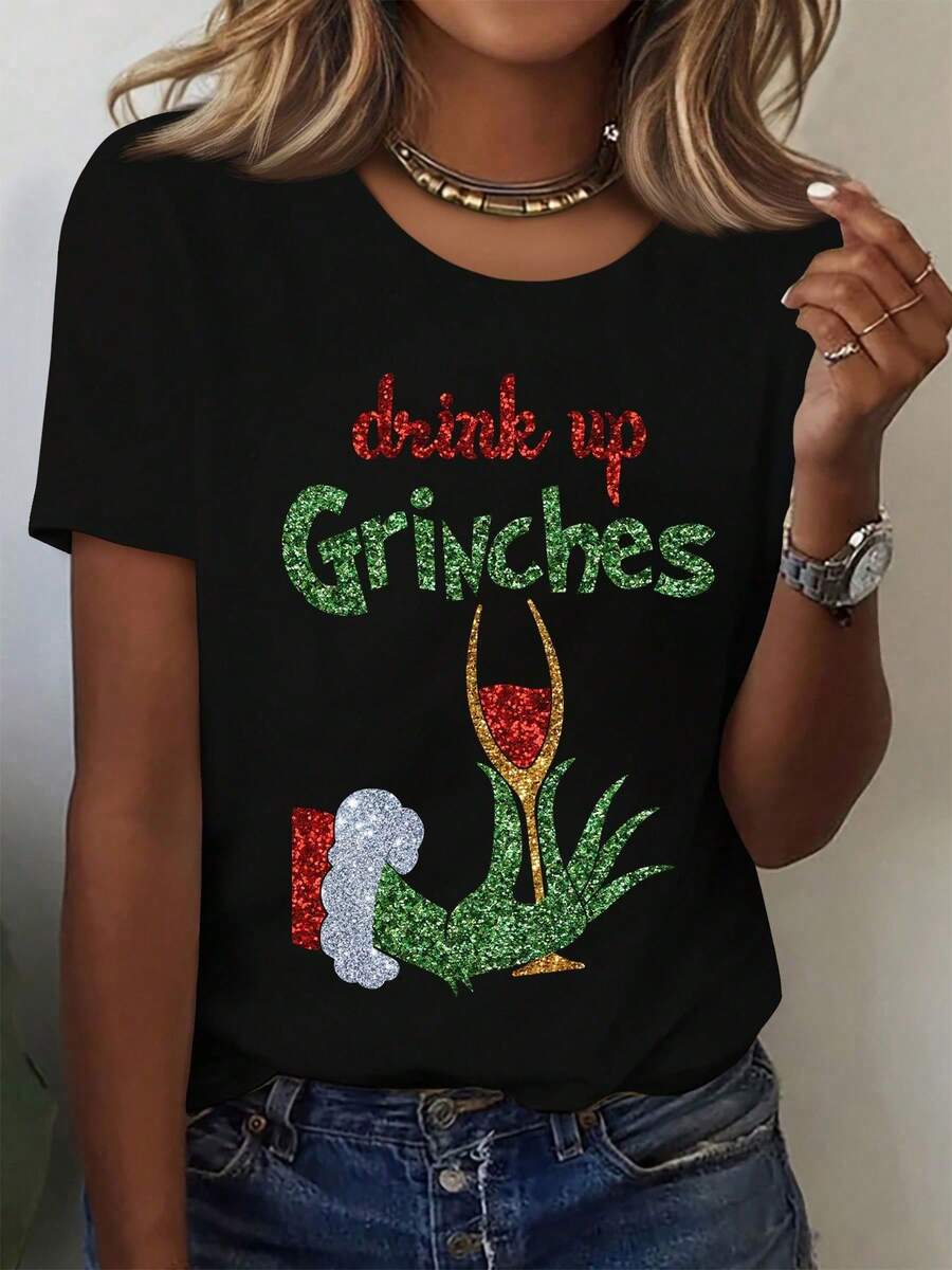 Women's Christmas Clothing, 'Drink Up Grinches' Design, Red And Green Glitter Text And Wine Glass Pattern, Loose Fit, Sporty Style, For Party, Cute, Elegant, Stretchy, Casual - 黑色 - 查看 1