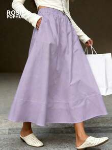 Falda larga de línea A con cintura elástica a cuadros negros, blancos y grises de , falda larga y acampanada casual con bolsillos, elegante para uso diario, oficina y escuela en verano - Púrpura malva - Ver 1