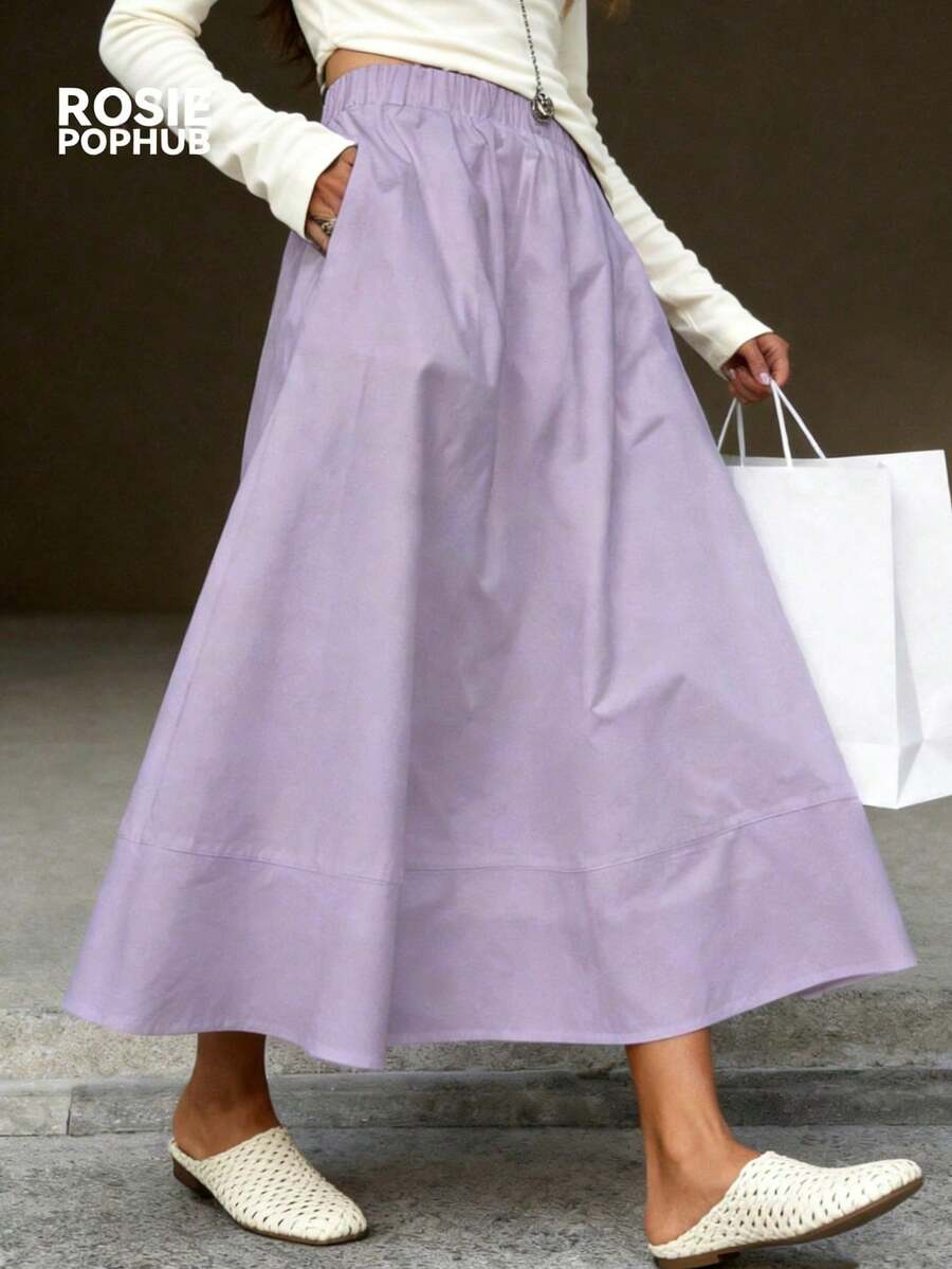 Falda larga de línea A con cintura elástica a cuadros negros, blancos y grises de , falda larga y acampanada casual con bolsillos, elegante para uso diario, oficina y escuela en verano - Púrpura malva - Ver 1
