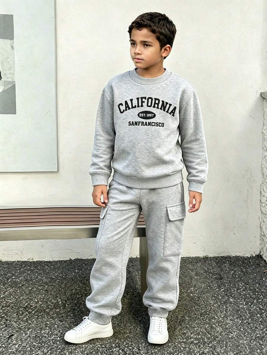 Tween Boy Letter Graphic Print Crew Neck Sweatshirt And Sweatpants Set - Grey - View 1