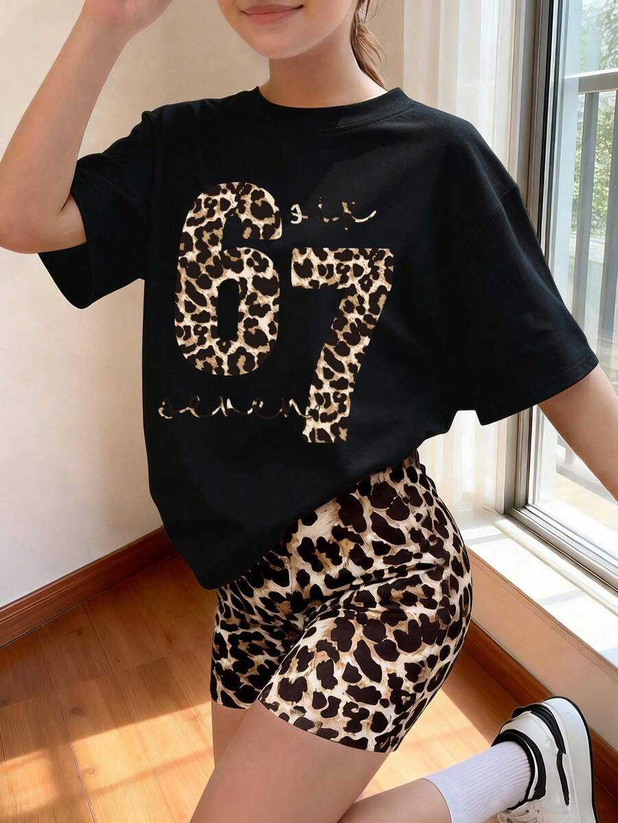 返校季 2件組 青少年女孩豹紋「67」字母印花短袖T恤與豹紋短褲套裝 日常穿著 百搭時尚夏季款 - 黑色 - 查看 1