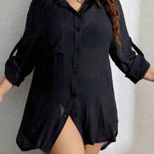 dagjydgfyja Swim Vcay Cover up de hombros caídos con parche de bolsillo con botón delantero sin sujetador - Negro01 - Ver 1