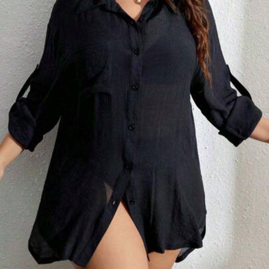 dagjydgfyja Swim Vcay Cover up de hombros caídos con parche de bolsillo con botón delantero sin sujetador - Negro01 - Ver 1