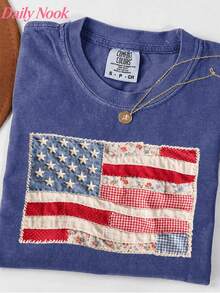 Retro American Flag Faux Patchwork Digital Print Tee, Patriotic 4th Of July Graphic Shirt, HARSIN Women Summer Casual Outfits - 藍色 - 查看 1