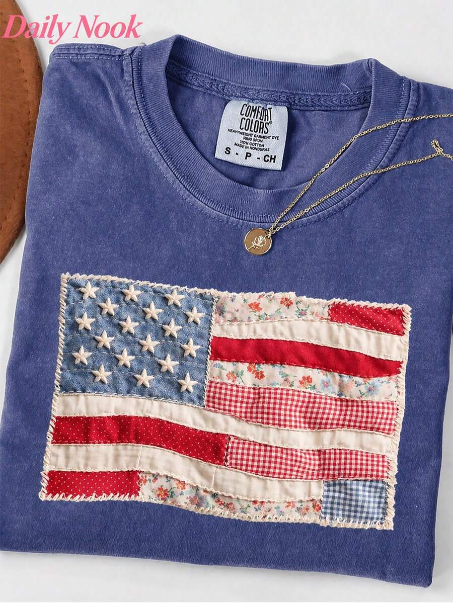 Retro American Flag Faux Patchwork Digital Print Tee, Patriotic 4th Of July Graphic Shirt, HARSIN Women Summer Casual Outfits - 藍色 - 查看 1